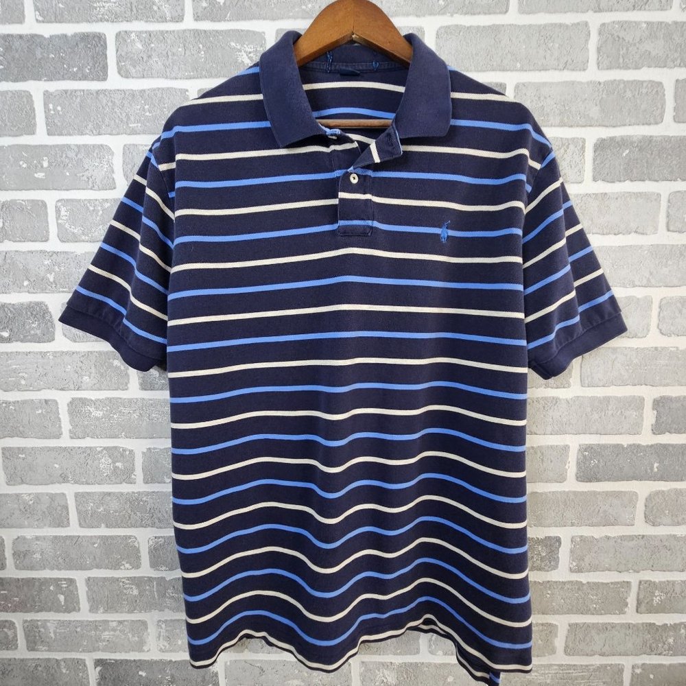 Polo Ralph Lauren Polo Shirt Men's XL Dark Blue Striped Pony‎ Logo Golf Casual
